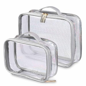 Byootique Set of 2 Clear Makeup Bag Cosmetic Organizer Travel Toiletry Pouch Handle Zipper for Makeup Artist Silver - 1 of 4
