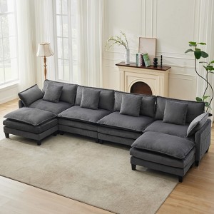 130''  Modular Sectional Sofa, 3 Seater Corduroy Couch with Ottoman & Throw Pillows, Modern Grey L-Shaped Sofa,Cloud Deep Seat Couch for Living Rooms - 1 of 4