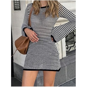 Women's Striped Round Neck Bell Sleeve Slim Fitted Short Mini Bodycon Dress - 1 of 4