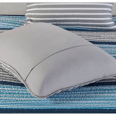 Gray and Blue Striped Reversible Microfiber Quilt Set