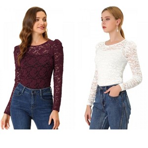 INSPIRE CHIC Women's Vintage Semi-Sheer Puff Long Sleeve Embroidery Lace Floral Blouse 2 Packs - 1 of 4