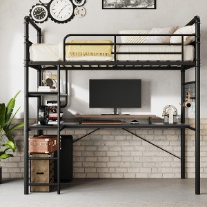 Loft Bed Twin Size with L-Shaped Desk, Twin Metal Loft Bed with Storage Shelves & Safety Guardrail & Ladder, No Box Spring Needed - 1 of 4