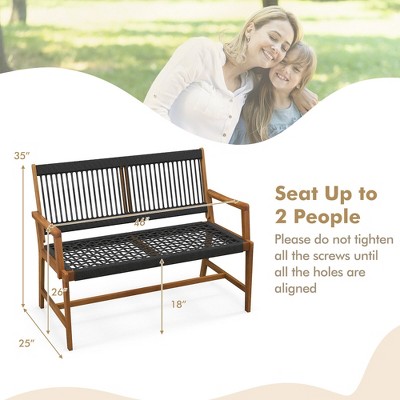 Natural Acacia Wood and Black Rope Woven Outdoor Bench