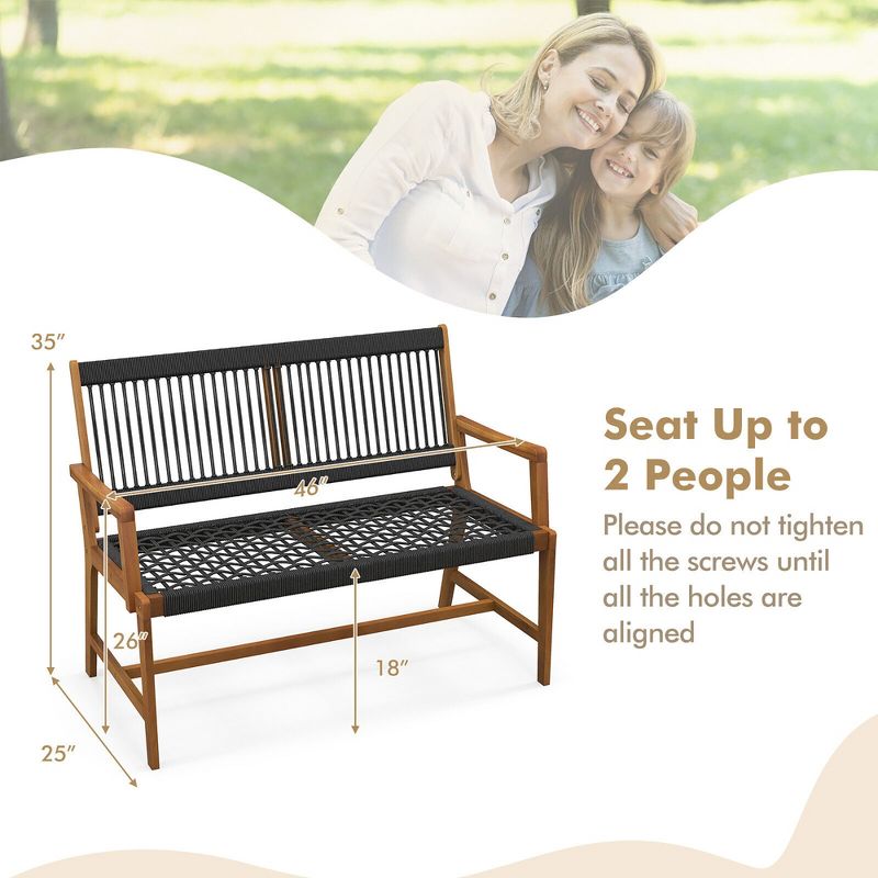 Tangkula Patio 2-Person Acacia Wood Bench All-Weather Rope Woven Outdoor Garden Natural, 3 of 10