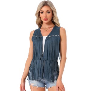 INSPIRE CHIC Women's 70s Western Open Front Faux Suede Fringe Vest - 1 of 4
