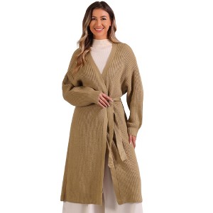 Allegra K Women's Open Front Long Sleeve Belted Long Knit Cardigan Sweater - 1 of 4
