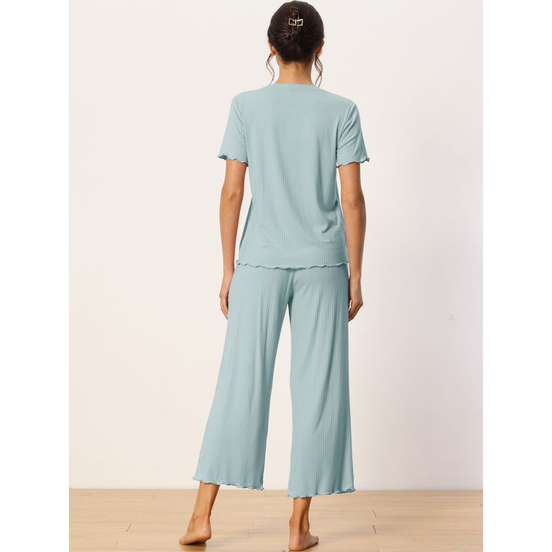 cheibear Women's Sleepwear Round Neck Soft Knit Short Sleeve Shirt with Pants Capri Pajamas Set, 3 of 6