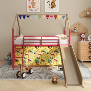 Racxily Metal Junior House Twin Loft Bed with Slide and Curtain Set - 1 of 4