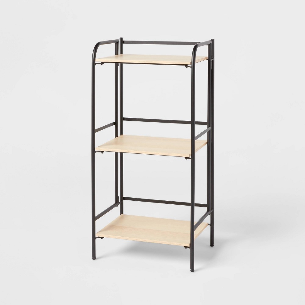 Photos - Wall Shelf Folding 3 Shelf Narrow Black Metal with Natural Wood Shelves - Brightroom™