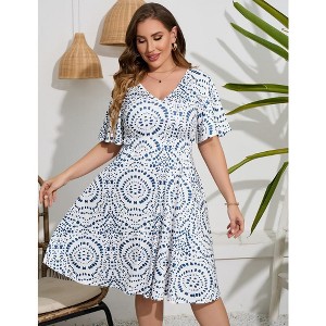 YesFashion Women's Plus Size Boho Floral V Neck Ruffle Short Sleeve Dress Elastic High Waist A Line Summer Dress - 1 of 4