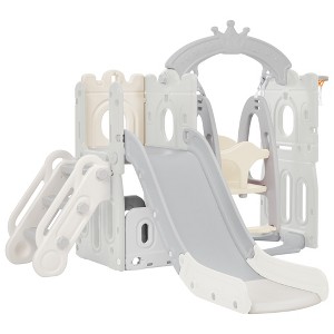 5-in-1 Kids Slide Swing Set, Baby Slide for Toddlers Age 1-3, Climber Slide Playset with Basketball Hoop Indoor Outdoor Playground Freestanding Slide - 1 of 4