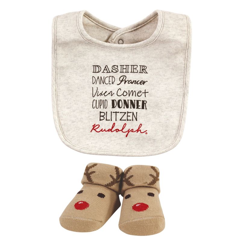 Hudson Baby Unisex Baby Cotton Bib and Sock Set, Rudolph, One Size, 4 of 6