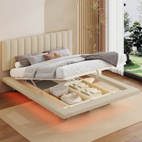 Queen Size Floating Bed with LED Light and USB Port, Velvet Upholstered Hydrualic Platform Bed 4L-ModernLuxe - image 1 of 4