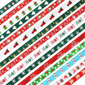 Angel Sar 15 Yards Christmas Grosgrain Ribbon, 3/8 Inch 15-Pattern Printed Gift Wrap Ribbon for Christmas Crafts, Tree Decor, Holiday Party Favors - 1 of 4