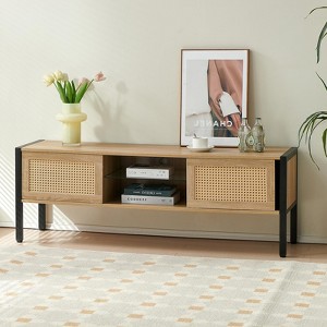 Rattan TV Stand for 54" TVs w/ Adjustable Shelves, Color LED Lights, Farmhouse Style Media Console w/ Storage for Living Room - 1 of 4