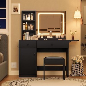 Bedroom Vanity with Lights, Wooden Dresser Set, Modern Dresser with Drawers, Cabinet, Shelf and Stool for Dresser, White - 1 of 4