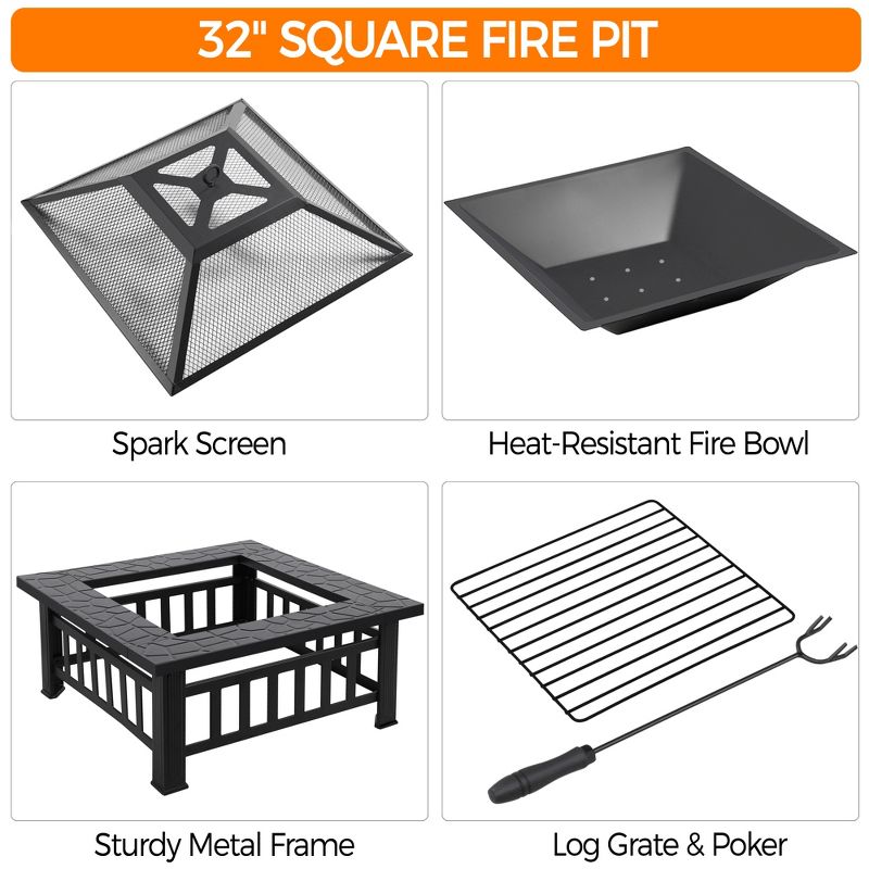 Yaheetech 32in Fire Pit Table Square Metal Firepit Stove Backyard Garden Fireplace for Camping, 5 of 8