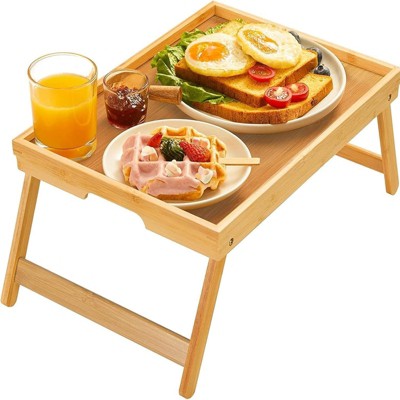 Attop Bamboo Bed Tray Table with Folding Legs Breakfast Serving Tray for Sofa Bed Dining Laptop Snack Desk Natural