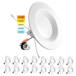 Luxrite 5/6 Inch LED Recessed Retrofit Downlight, 14W=90W, 5CCT 2700K-5000K, Dimmable, 1100LM, Wet Rated, Energy Star, Baffle Trim 16 Pack - 1 of 4