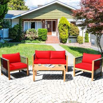 Costway 4PCS Wooden Patio Furniture Set Cushioned Sofa W/Rope Armrest White\Turquoise\Red