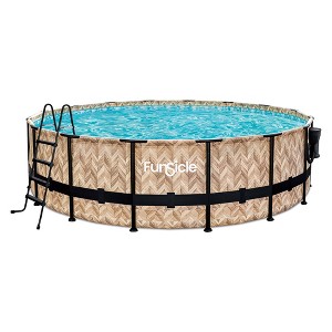 Funsicle 16' x 48" Oasis Designer Round Frame Outdoor Above Ground Swimming Pool Set with SkimmerPlus Filter Pump and Pool Cover, Oak Herringbone - 1 of 4