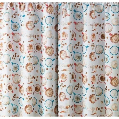 Blue Coffee-Themed Polyester Kitchen Curtain Set with Valance