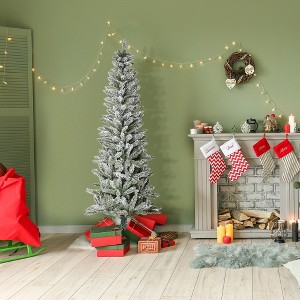 Whisen 6FT Unlit Snow-Flocked Slim Pine Artificial Christmas Tree with Realistic Branches and 394 Tips - Green - 1 of 4