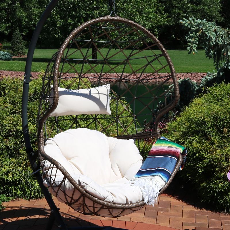 Sunnydaze Outdoor Resin Wicker Patio Danielle Hanging Basket Egg Chair Swing with Cushion and Headrest - 2pc, 2 of 10
