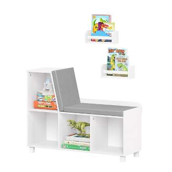 Kids' Book Nook Bench with Cubbies and 2 Bonus 10'' Floating Wall Bookshelves White - RiverRidge