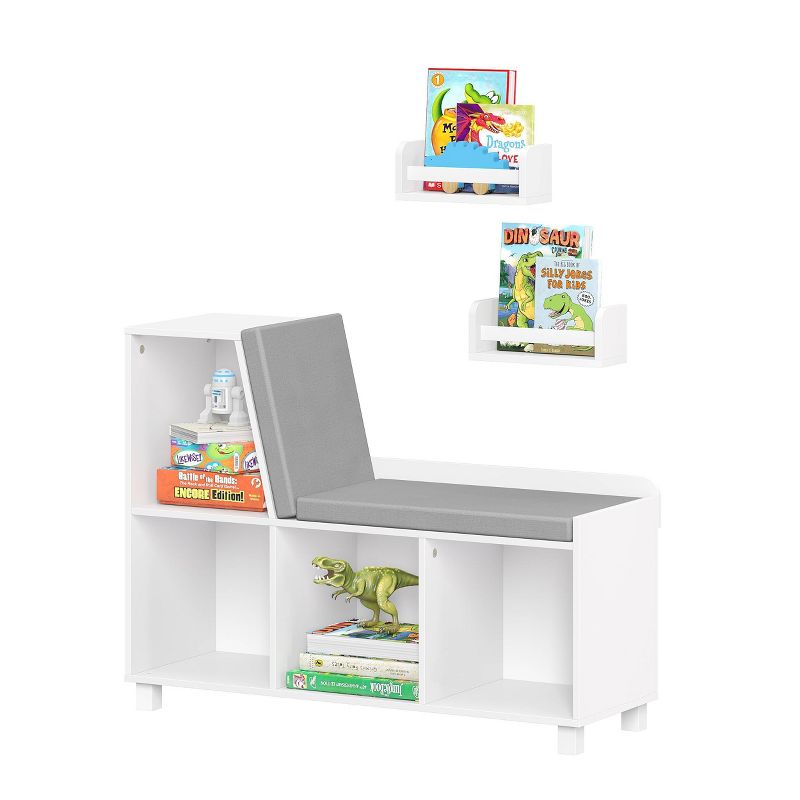 Kids&#39; Book Nook Bench with Cubbies and 2 Bonus 10&#39;&#39; Floating Wall Bookshelves White - RiverRidge, 1 of 14