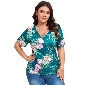 Women's Plus Size Shirt V Neck Pleated Blouse Short Sleeve Tunic Floral Top - 1 of 4