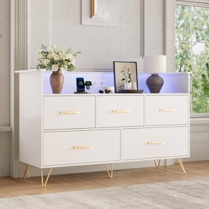 47" Modern Dresser with Built-In Lights & Charging Station - 5 Smooth-Gliding Drawer Wood Chest for Bedroom, Living Room, Entryway - 1 of 4