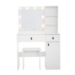 Gulches White Makeup Vanity Desk Set with Rotatable Mirror - 2 Drawers, 3-Level Storage & Hidden Shelves, Functional Dressing Table for Bedroom - 1 of 4