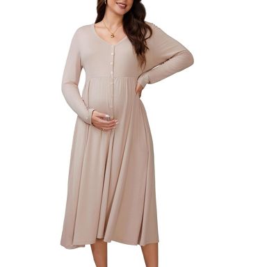 INSPIRE CHIC Women's Maternity Dresses Button Pleated Long Sleeve Photoshoot Pregnancy Midi Dress Small Khaki