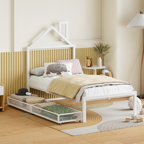 NicBex Twin Platform Bed Frame with 2 Drawers House Shaped Headboard for Boys and Girls Heavy Duty Metal Slats Support Easy Assembly White