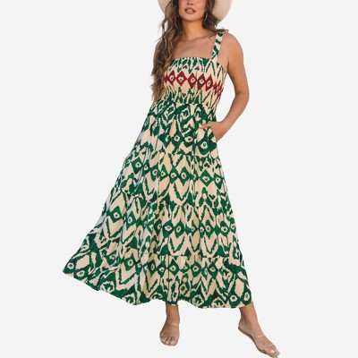 Amaryllis Women’s Smocked Bodice Sleeveless Maxi Dress Geometric Pattern Wide Shoulder Straps