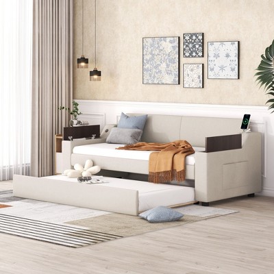 Whisen Twin Size Upholstery Daybed with Storage Arms, Trundle and USB Port