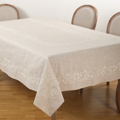 Natural Linen Blend Embroidered Swirl Tablecloth, 67" x 140"