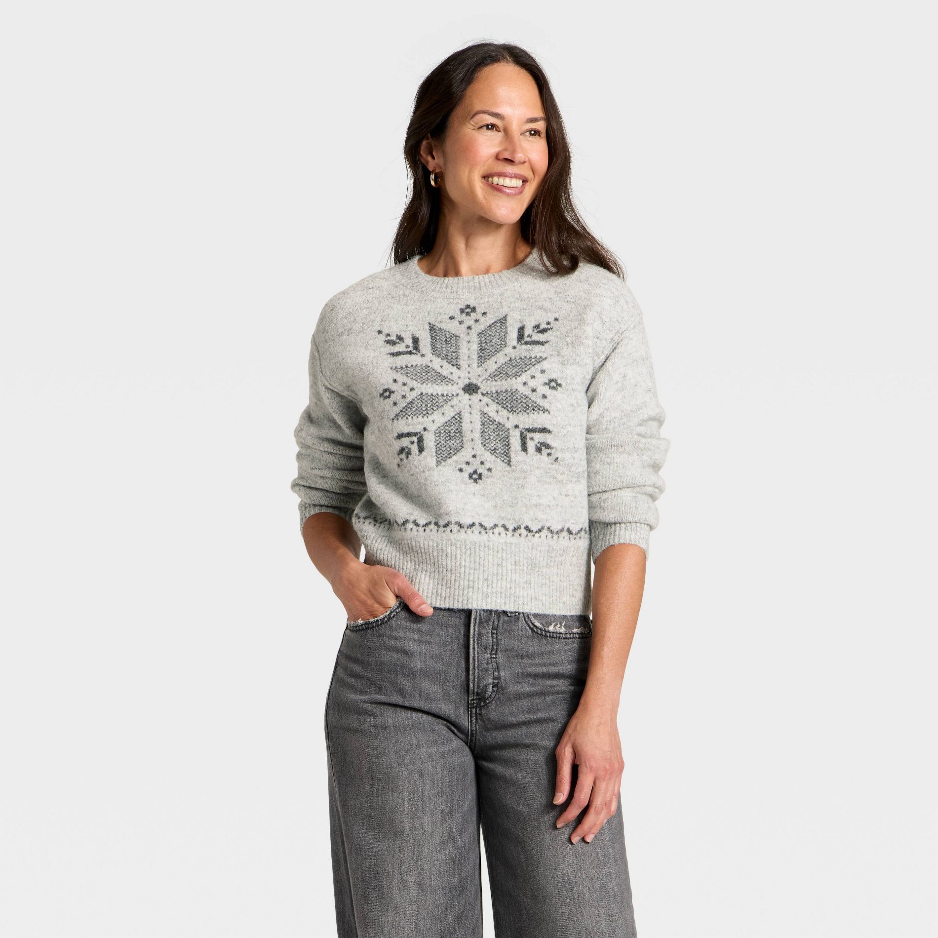 Women's Holiday Crewneck Pullover Sweater - Universal Thread™ Gray Snowflakes