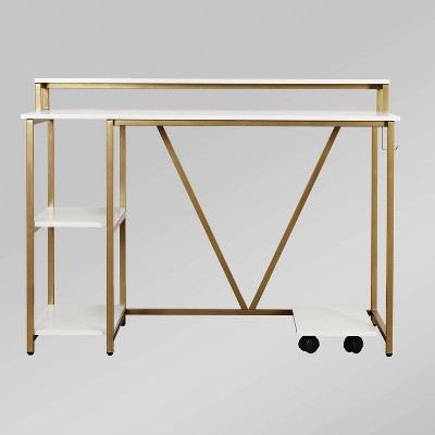 Modern Industrial Gold and Wood Writing Desk with Elevated Shelves
