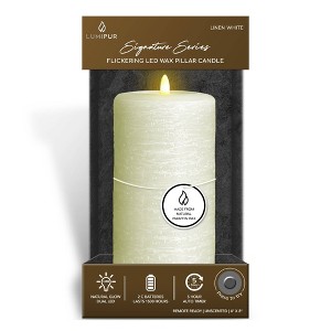 LumiPur 4"x8" Signature Natural Glow Flickering Flameless LED Wax Pillar Candle Linen White - 1 of 4
