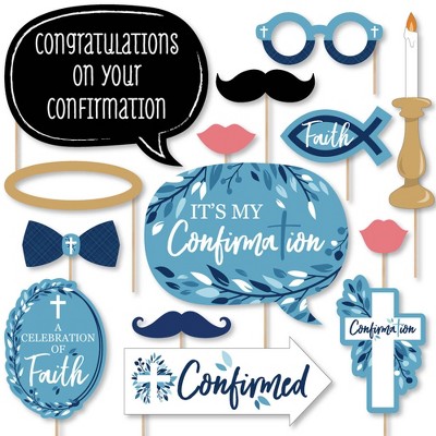 Big Dot of Happiness Confirmation Blue Elegant Cross - Boy Religious Party Photo Booth Props Kit - 20 Count