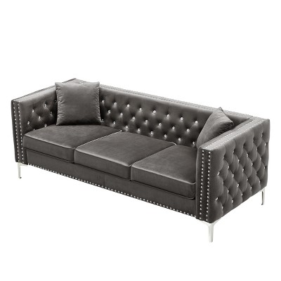 NicBex 82.3 Inch Velvet Couch,Jeweled Buttons Tufted 3-Seater Sofa with 2 Pillows for Living Room,Office,Apartment,Gray