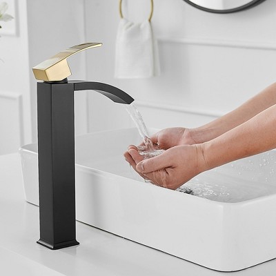 Gold and Black Waterfall Single Handle Vessel Sink Faucet