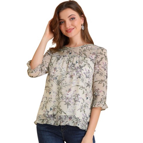 Allegra K Women's Casual Round Neck Ruffle 3/4 Sleeve Floral Print ...