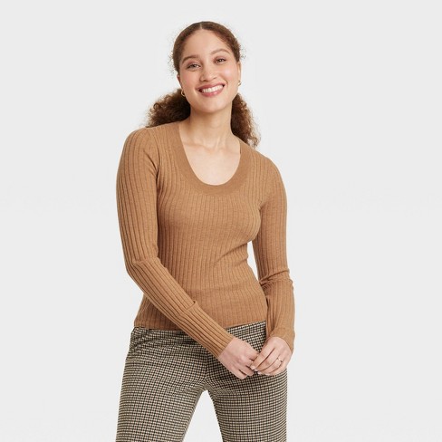 Camel Fine Knit High Neck Button Sleeve Jumper