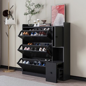 Shoe Cabinet with 3 Flip Drawers, Free Standing Shoe Organizer with Pull-down Seat, Hidden Shoe Storage Cabinet for Hallway Living Room - 1 of 4