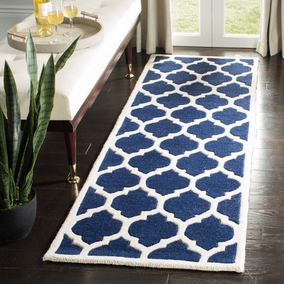 Dark Blue and Ivory Hand-Tufted Wool Runner Rug