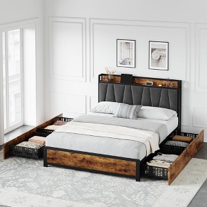 Bed Frame with Storage Headboard and Charging Station,Vintage Brown Platform - 1 of 4