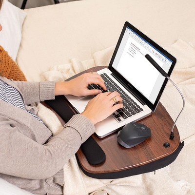 Oversized Brown and Black Wood Lap Desk with Memory Foam Cushion and USB Light